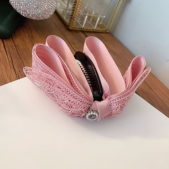 Sweet Girls Solid Women Lace Mesh Vertical Clip Ponytail Holder Banana Clip Bow Hairpin B