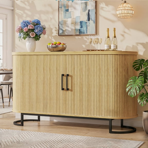 SGHUO 54.3" Buffet Cabinet with Storage, Fluted Sideboard with Tambour Doors & Adjustable Shelves, Modern Console Table for Kitchen Dining Room, Oak