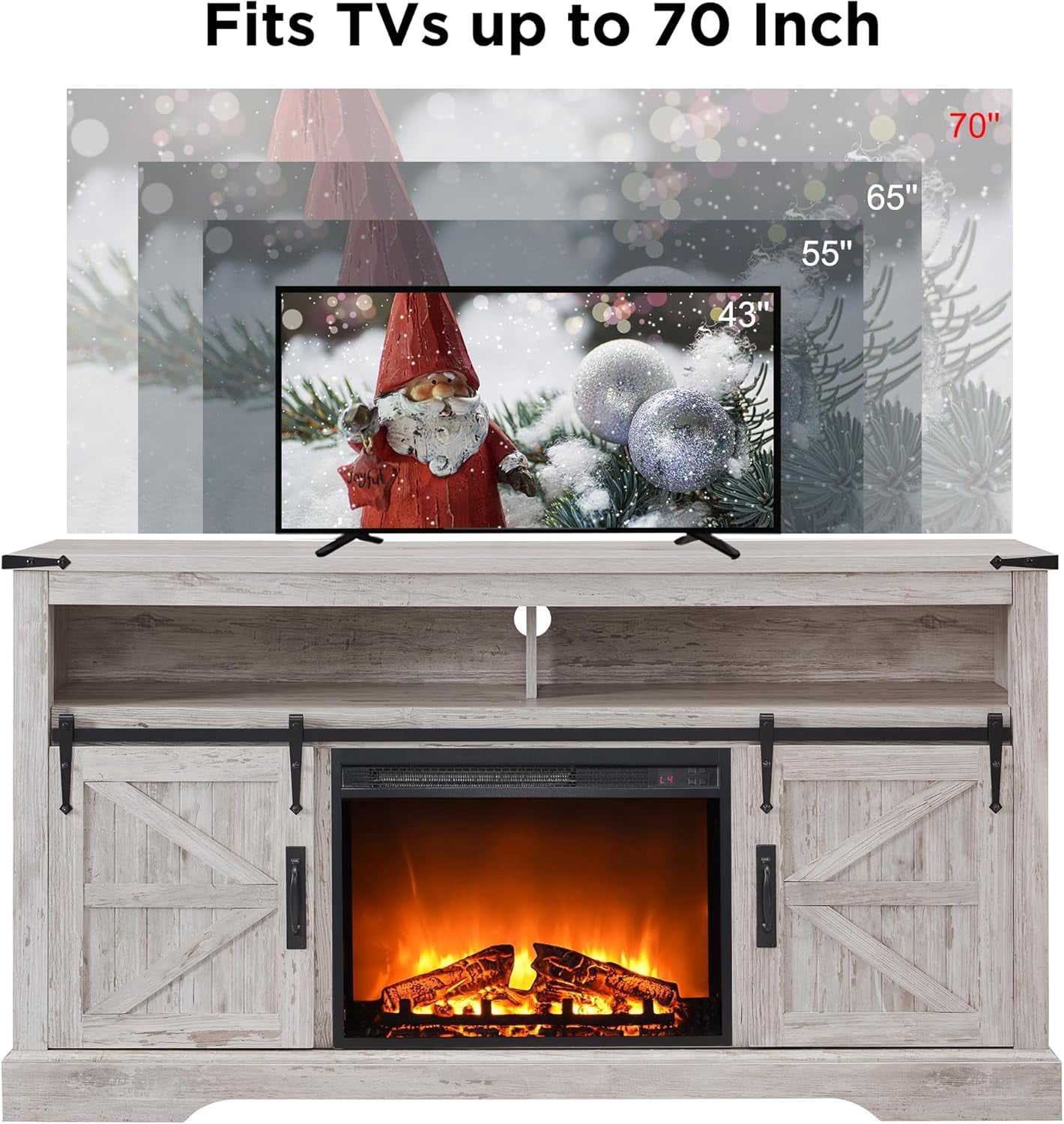 OKD Farmhouse Fireplace TV Stand up to 70", Entertainment Center with 23" Fireplace & Open Storage Shelves for Living Room, Antique Brush White