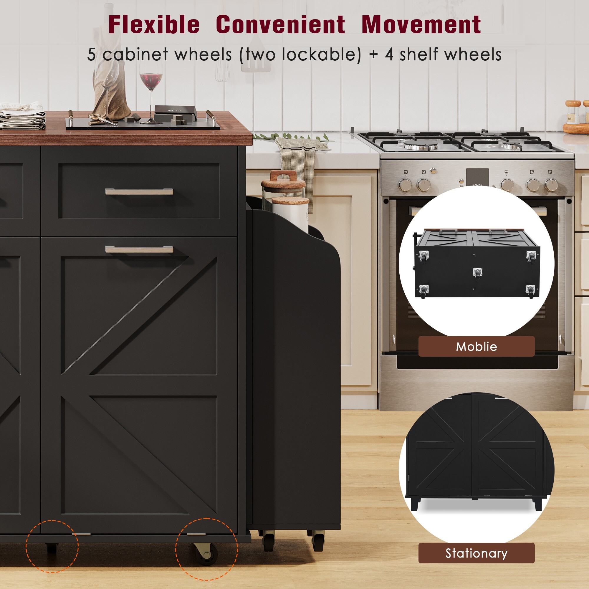 AENKYO 47.2" Farmhouse Kitchen Island with Removable Side Shelf, Tilt-Out Trash Bin, Storage Cabinet & Drawers, Black