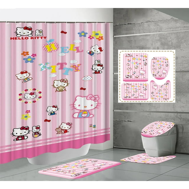 Rideau de Douche Kawaii Hello Kitty Ensemble Quatre Pièces Kit Anime Sanrio Impression Rideau de Douche Tapis Coussinet en U Imperméable Neuf LS