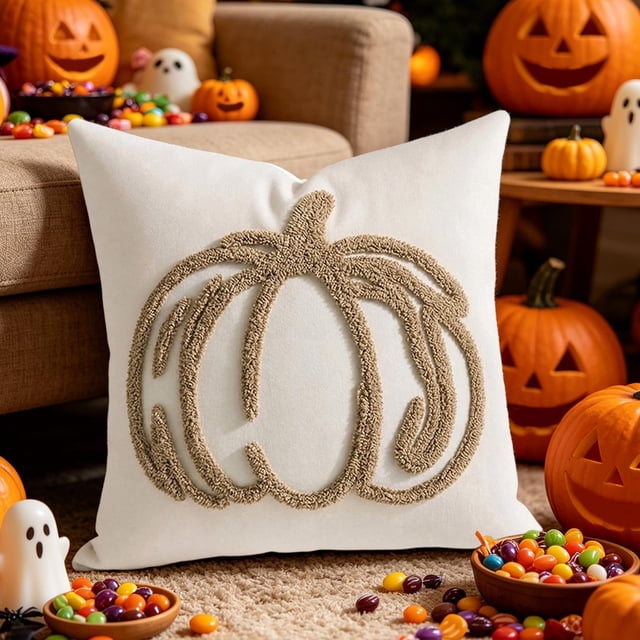 Fall Halloween Pumpkin Tufted Throw Pillow Cover Embroidered Decorative Cushion Cover Holiday Couch Sofa Bed Home Decor Pillowcase