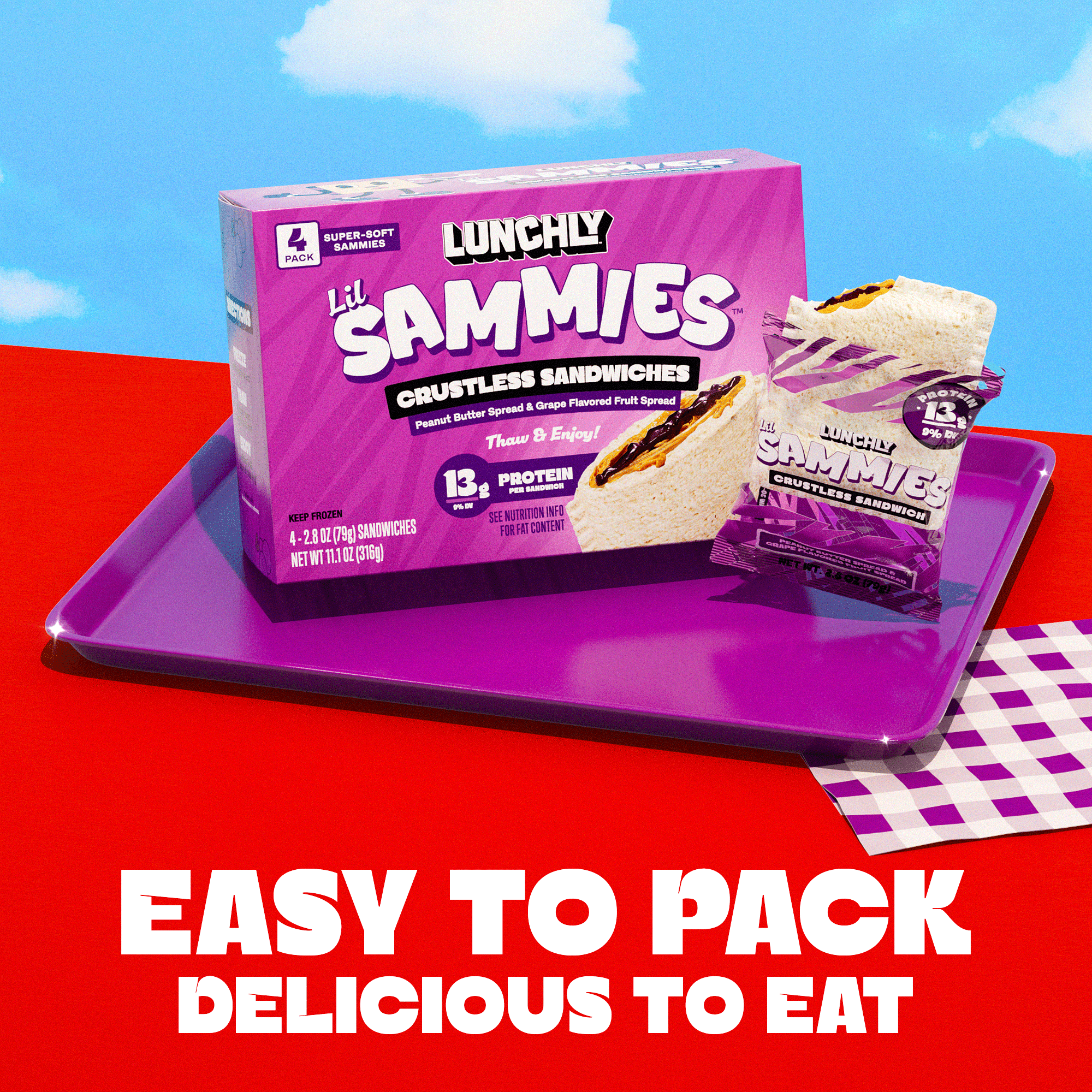 LUNCHLY Peanut Butter & Grape Lil Sammies, 13G Protein, 4 Count, 2.8oz Each, Frozen, Crustless Sandwiches