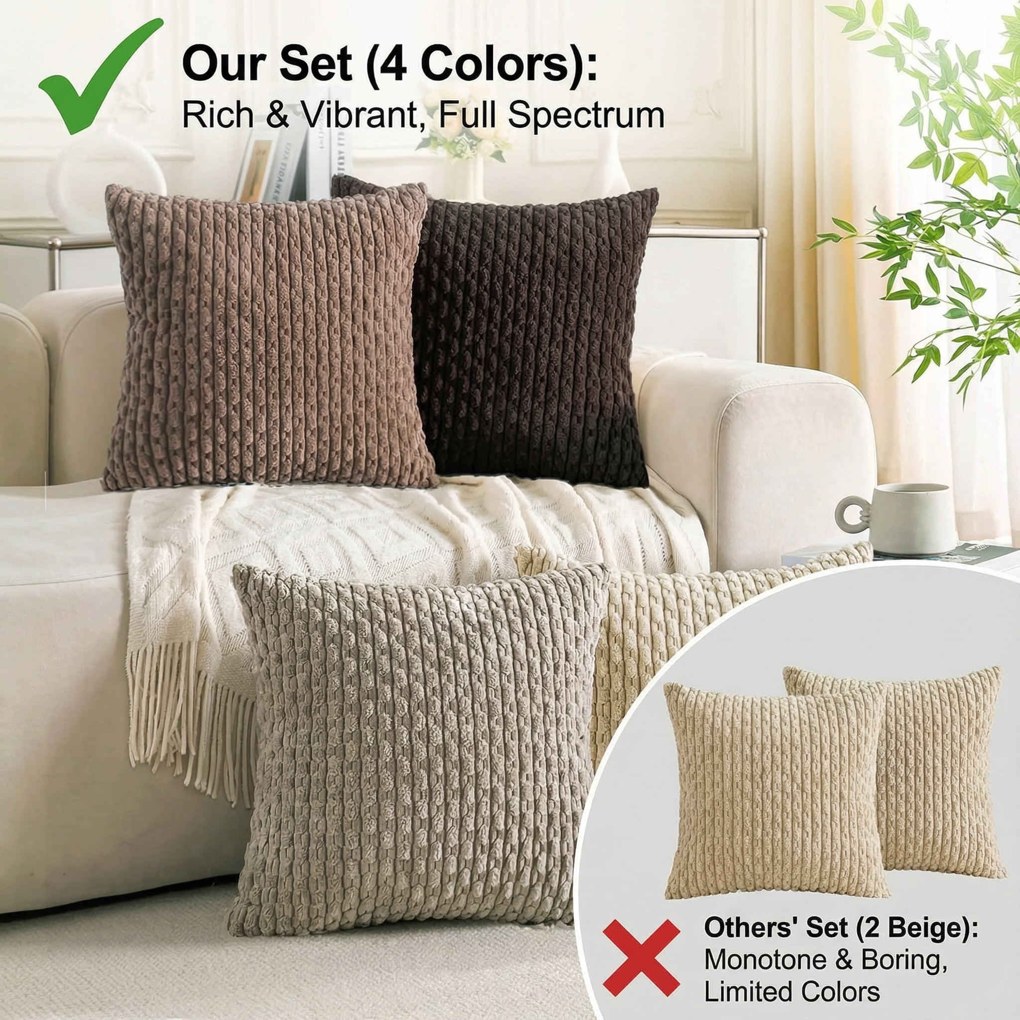 HAPPINESS 4 Pack Decorative Throw Pillow Covers, 26x26 Inch Soft Plush Striped Corduroy Couch Pillow Covers, Beige Brown Coffee