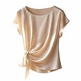 thumbnail image 2 of ClodeEU Women's Satin Round Neck Short Sleeve Blouse with Side Tie Knot,Loose Fit Casual Trendy Tops Beige,Womens Plus L, 2 of 6