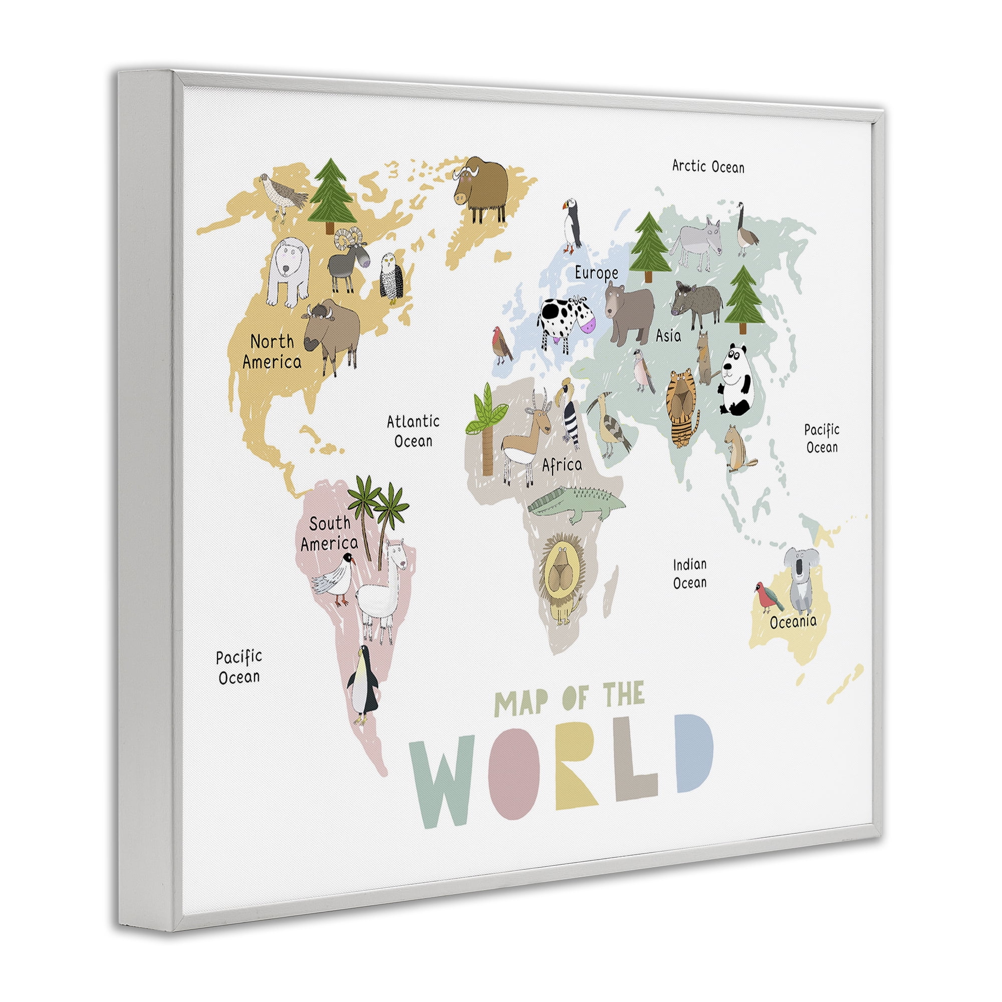 Map Of World Pastel Animals White Framed Giclee Art, design by Carla Daly