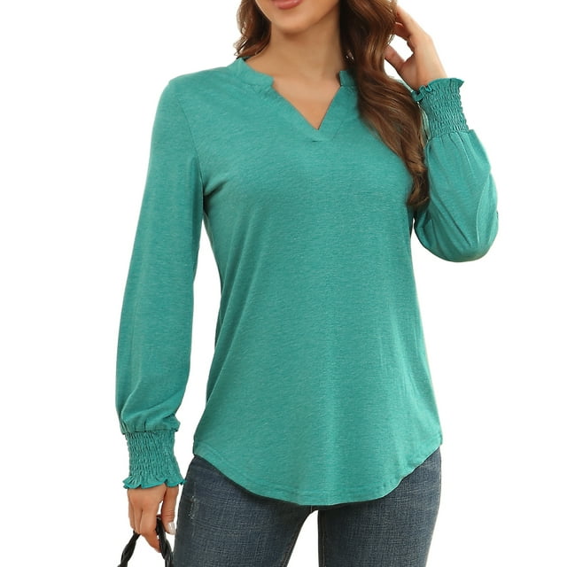 Camisa holgada fruncida, camisa fruncida de manga larga con escote en V y muesca para mujer, blusa con escote en V y muesca multifuncional