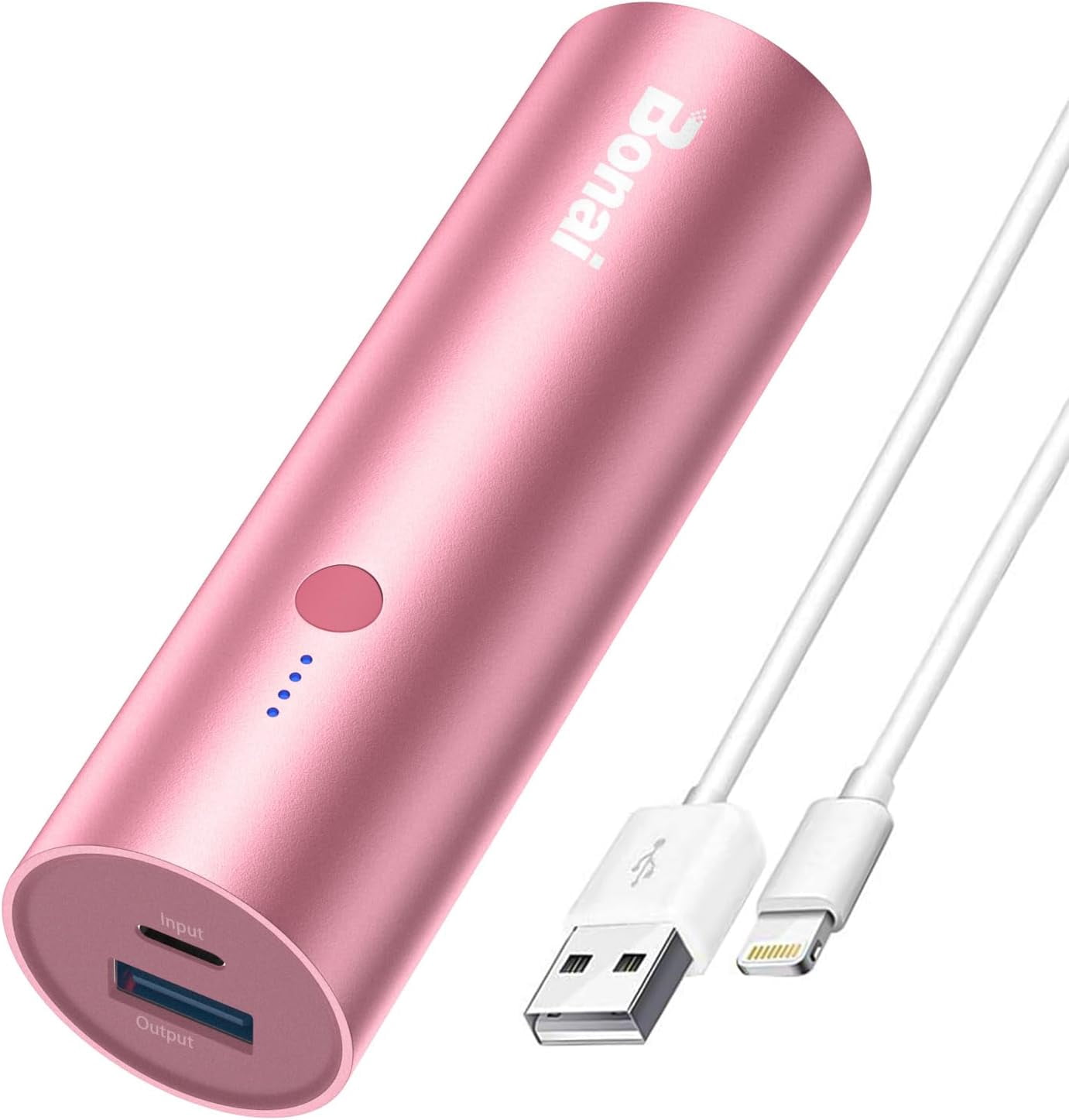 MHAWBL-Portable Charge Power Bank 5000mAh Cylindrical Ultra-Compact External Backup Battery Compatible with iPhone 14 13 12 11 Android Phone and More - Rose Gold (with an 8-pin Charging Cable)