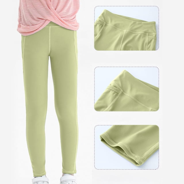 Odeerbi 4-13 Años Girls Yoga Leggings Workout Dance Athletic Sports Pantalones Cómodo de Cintura Alta Suave Transpirable Medias Con Bolsillo