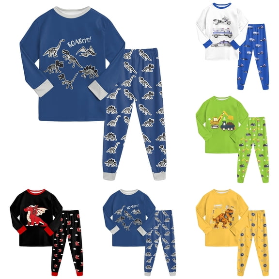 Gubotare Toddler Boys Planet Pajamas Dinosaur Cotton Kids Truck 2 Piece Train Kids Pjs Sleepwear Clothes Set 3-10T Green,Size 6-7 Years