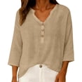 thumbnail image 4 of Womens Short Sleeve Tops Casual V Neck Button 3/4 Sleeve Linen Blouse Loose Fit Solid Color Tops for Summer, 4 of 6