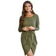 thumbnail image 1 of Vestidos midi de punto tipo gofre con cuello redondo y cintura imperio de manga larga para mujer （verde）,M, 1 of 5