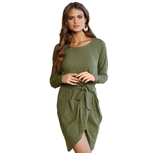 Vestidos midi de punto tipo gofre con cuello redondo y cintura imperio de manga larga para mujer (verde),M