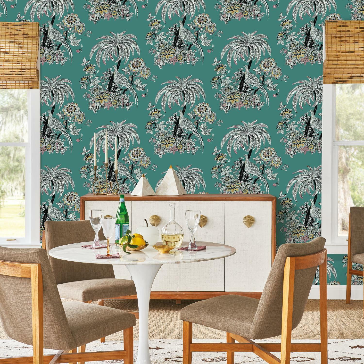 Drew Barrymore Flower Home Tropical Toile Peel and Stick Wallpaper, Teal, 18 in x 18.86 ft