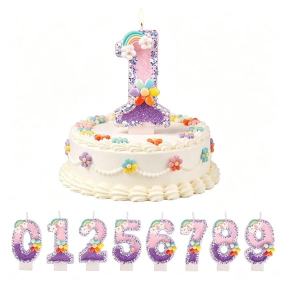 Flower Number Birthday Candle for Cake Topper Decoration Pink Purple Theme Birthday Milestone Party Celebration Supplies Number 1