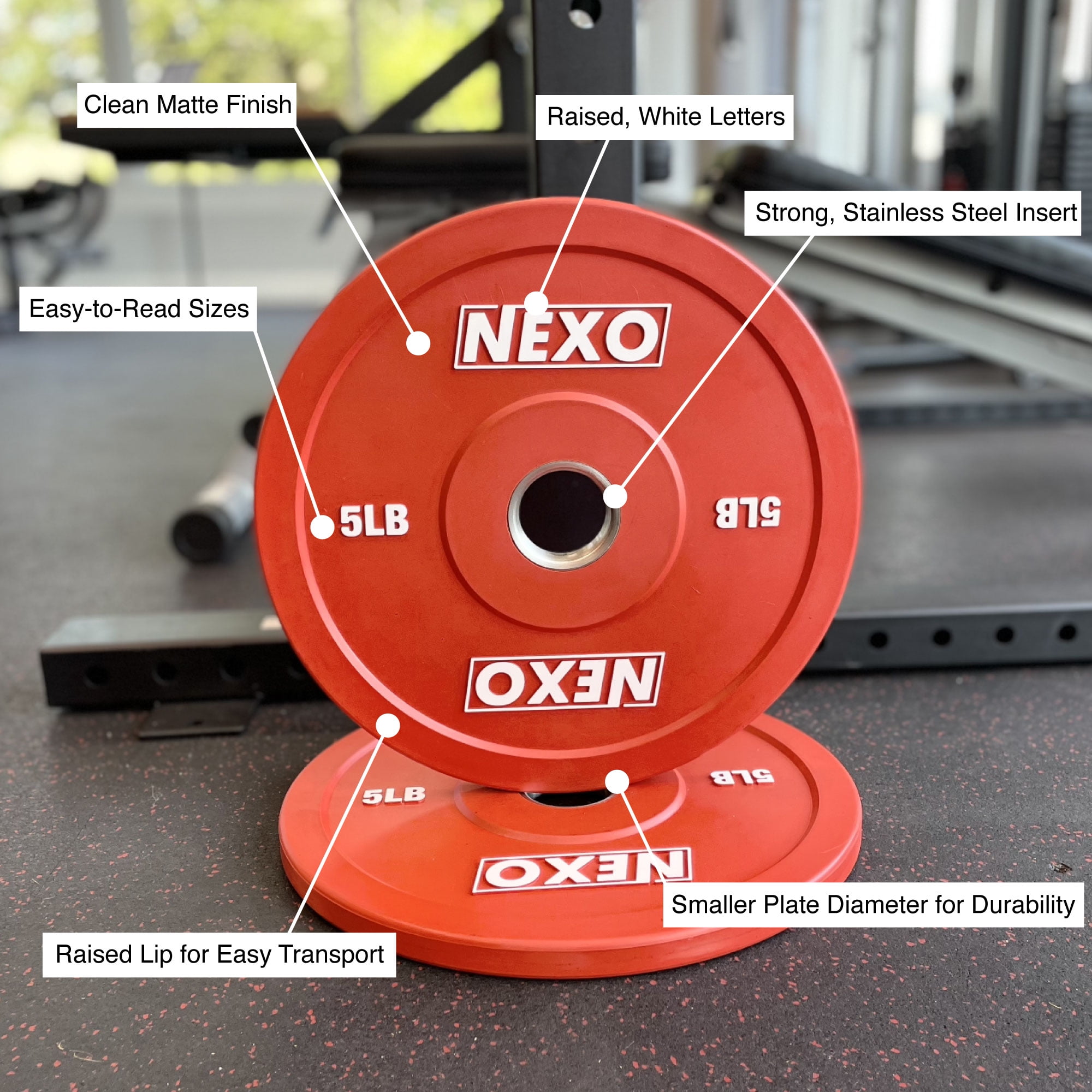 NEXO 5LB Red Rubber Bumper Plate Pair - Premium Matte Finish 2x 5LB Weight Plates