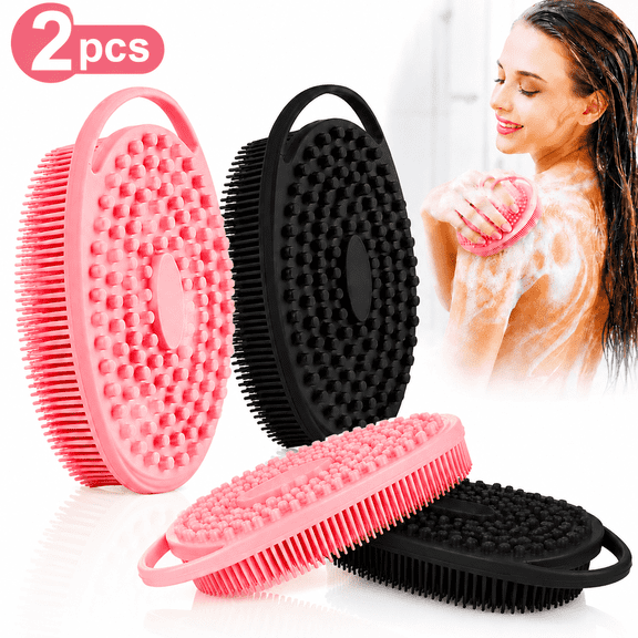 Soft Silicone Body Scrubber 2 PCS Silicone Body Shower, Silicone Loofah 2 in 1 Bath and Shampoo Brush, Body Scrubber Shower Cleaning Exfoliating Use for Sensitive Skin, Lather Well(Black and Pink)