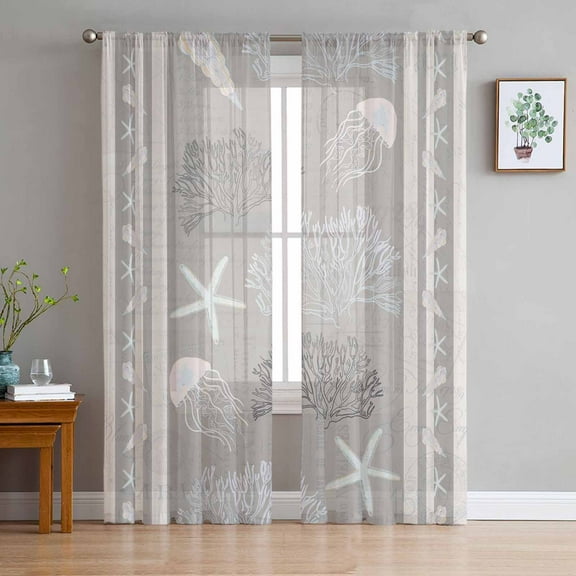 Gray Coastal Semi Sheer Curtains 84 Inch Length 2 Panels Set, Nautical Beach Summer Sea Starfish Coral Sheer Kitchen Curtain Privacy Voile Window Curtain for Living Room Bedroom Rod Pocket Drapes