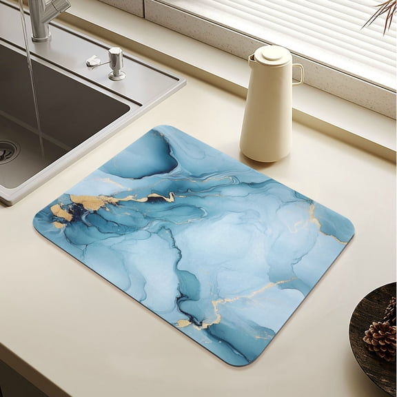Wobogo Gilt Light Blue Marble Dish Drying Mats Diatomaceous Earth Super Absorbent Non-slip Rubber Sole 15.7×11.8in