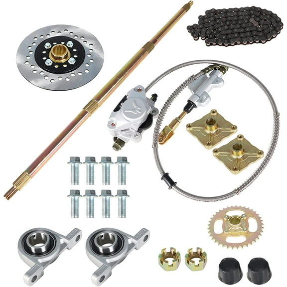 Labwork 32 Go Kart Axle Kit Alloy Rear Axle with Brake Dics Brake Master Cylinder Sprocket Pillow Bearing Chain Hub Replacement for DIY Go Kart ATV Quad Drift Trikes