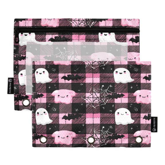 2 Pack 3 Ring Binder Pouch with Clear PVC Window Water Resistant Zipper Pencil Pouch Cute Halloween Ghosts Binder Pocket for Classroom Office Home Stationery Organization