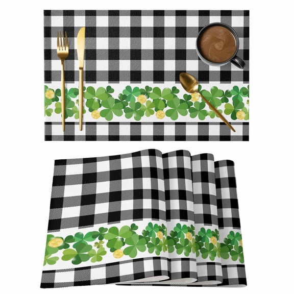St. Patrick's Day Placemats Set of 6, Green Shamrock Grasses Black White Plaid Placemats for Dining Table, Place Mats for Kitchen Tabletop, Waterproof Wipeable Dining Table Mats Set