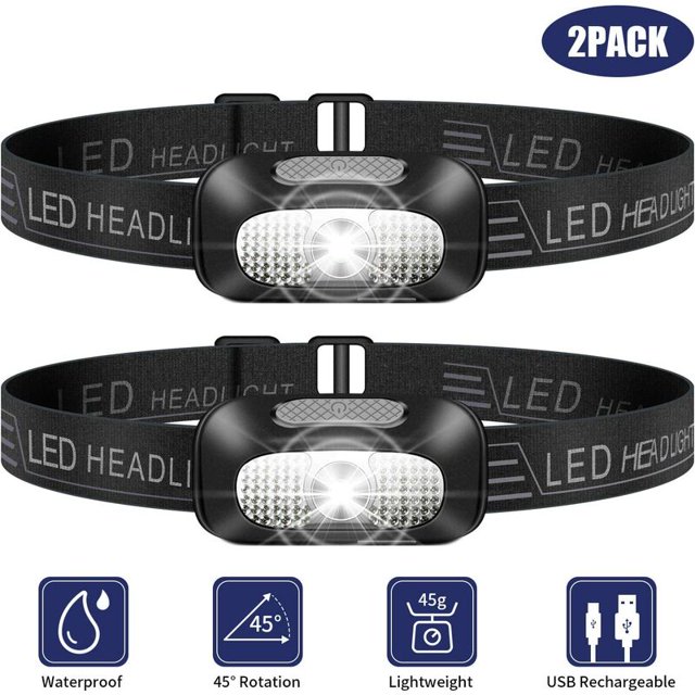 Linterna frontal LED, 2 linternas frontales livianas, linterna frontal impermeable recargable por USB súper brillante para acampar, pescar, correr, trotar, caminar, leer, trabajar