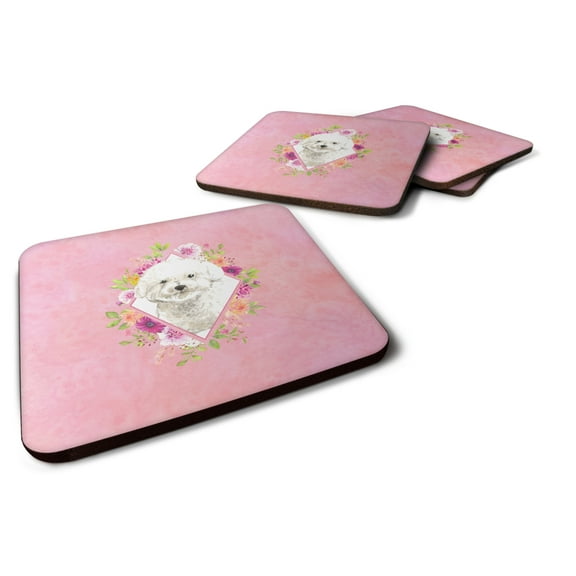 Carolines Treasures CK4263FC Bichon Frise Pink Flowers Foam Coaster Set of 4 3 1/2 x 3 1/2 multicolor