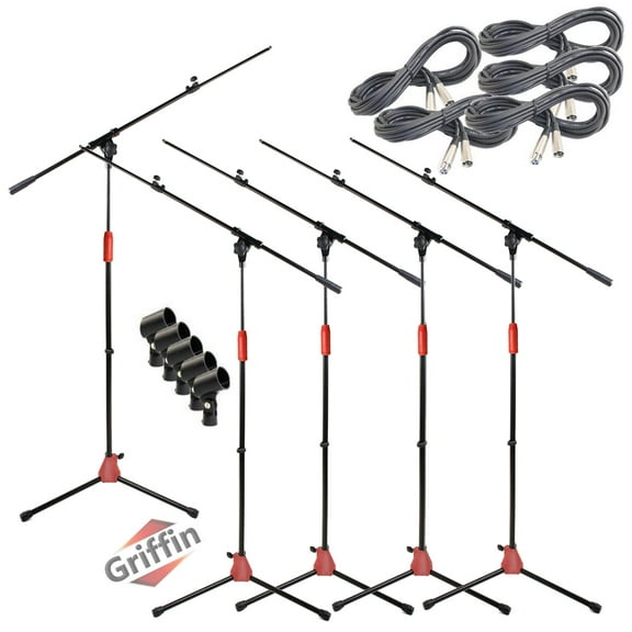 Griffin Microphone Stand (Pack of 5) with XLR Cables & Mic Clip Telescoping Boom Arm Tripod Legs for Studio Recording Accessories, Singing Vocal Karaoke, DJ Live Stage 20ft Pro Audio Mic Cord Wire