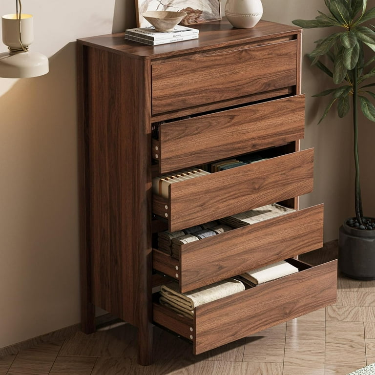 FURNIWAY Walnut 5 Drawer Dresser for Bedroom, Modern Tall Dresser
