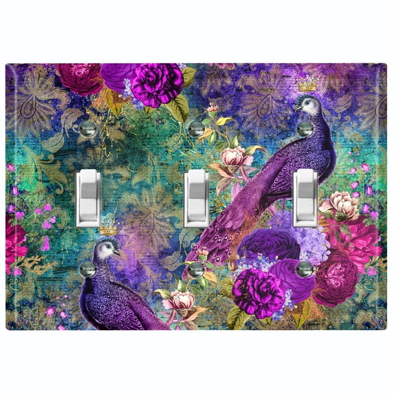 Metal Light Switch Plate Outlet Cover Elegant Peacock Floral Music Damask Purple PEA020