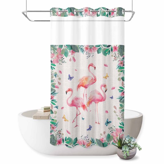 No Hook Shower Curtain, Pink Flamingo Shower Curtains for Bathroom with See Through Top Window, Tropical Botanical Summer Flower Rustic Waterproof & Washable Bath Curtain Stand Up Stall 36"x72"