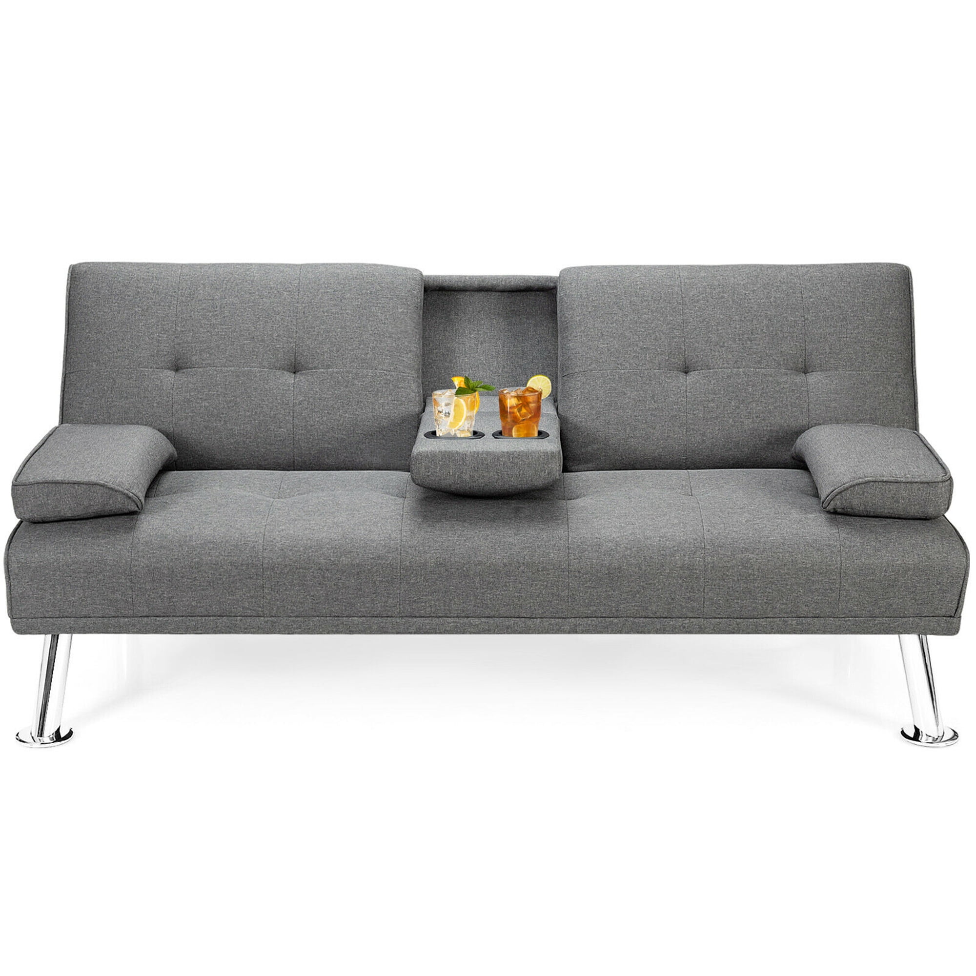 Gymax Folding Futon Sofa Bed Fabric w/2 Cup Holders Light Gray