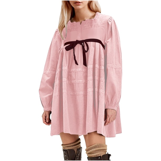 Frsasu Women Flowy Long Puff Sleeve Mini Dress Casual Cute Square Neck Lace Bow Tie A-line Pleated Babydoll Dresses Pink, Women's, Size: XL Frsasu Women Flowy Long Puff Sleeve Mini Dress Casual Cute Square Neck Lace Bow Tie A-line Pleated Babydoll Dresses Pink, Women's, Size: XL