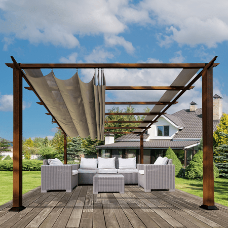 Paragon Outdoor 11' x 16' Florence Aluminum Pergola With in Chilean Ipe Finish with Adjustable Sand Canopy