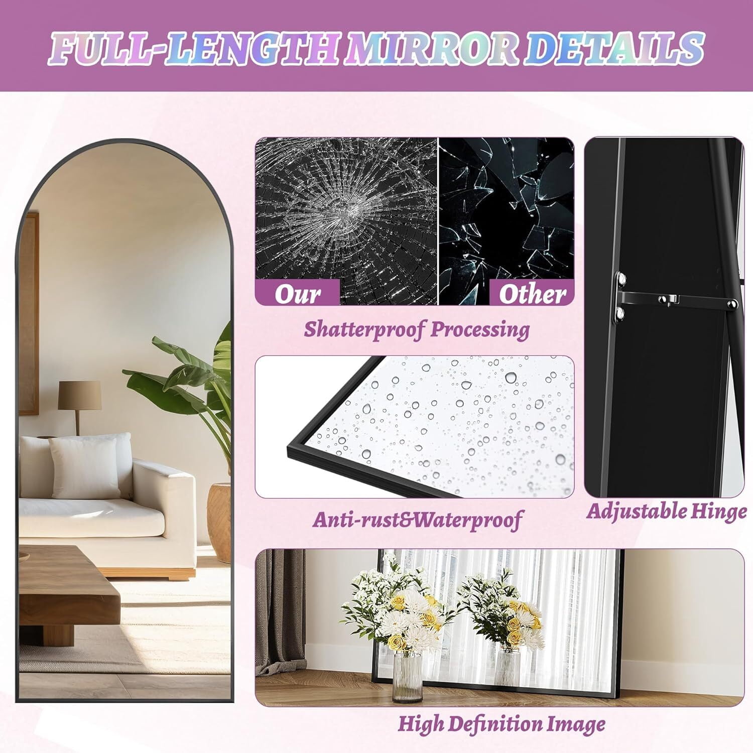 Lumora 38"x77" Arched Full Length Mirror with Stand Floor Mirror, Black