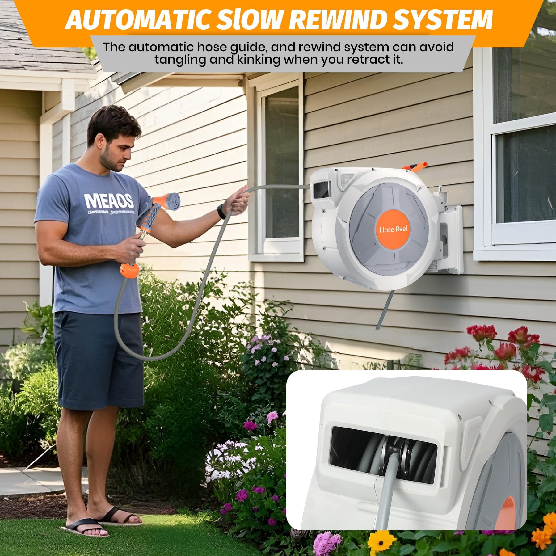 Retractable Garden Hose Reel, with 9 Patterns Nozzle, Any Length Lock, Upgraded Slow Return System and 180°Swivel Bracket, 1/2 Inch x 130 ft Wall Mounted
