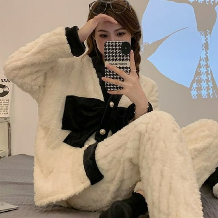 

PIKADINGNIS Warm Women Flannel Kimono Pajamas Set Long Sleeve Soft Home Clothes Printing Soft Sleepwear Loungewear Womens Set Pyjamas Set