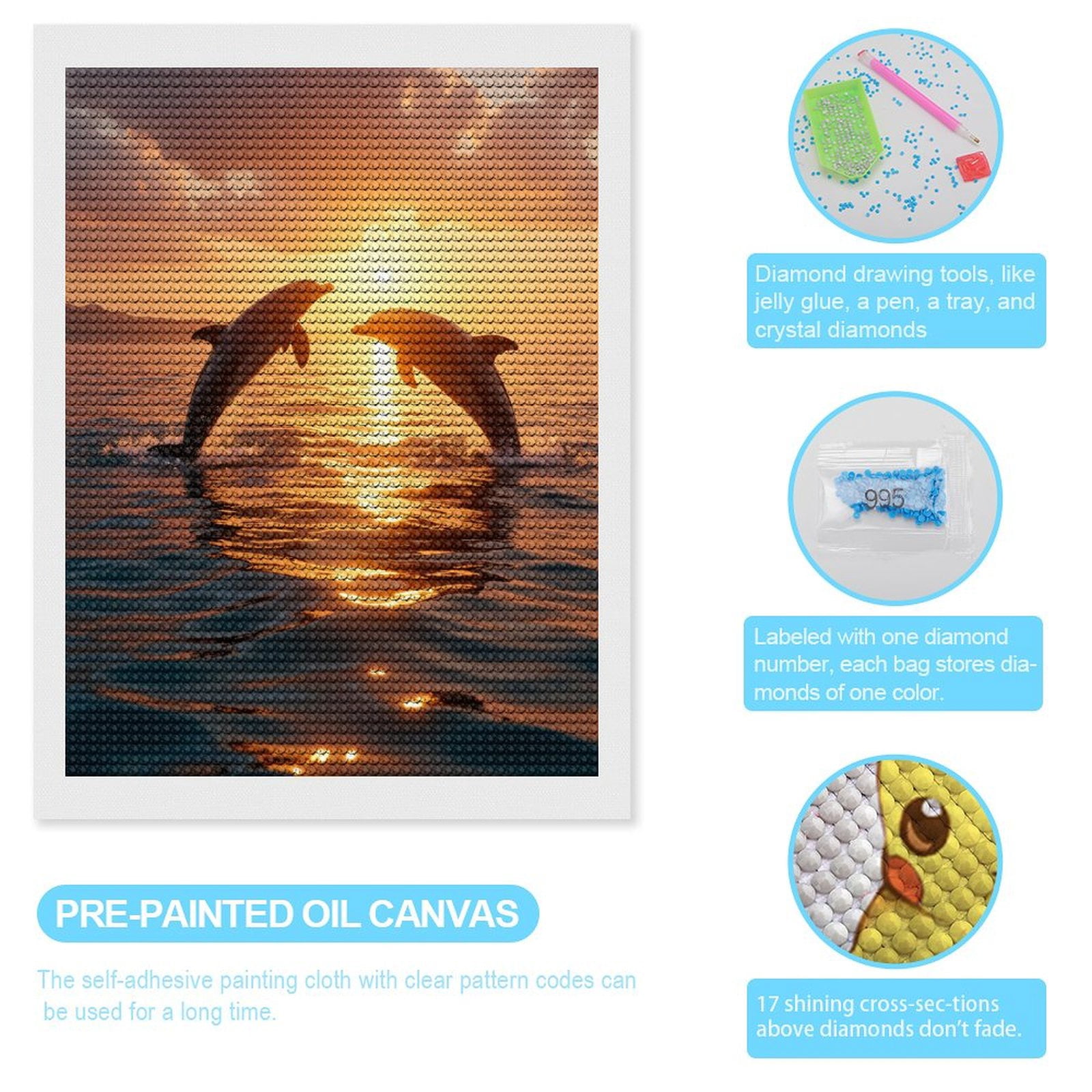Diamond Art Kit for Adults, Dolphins Sunset Ocean Dance Diamond Painting for Adults Beginners, 5D DIY Diamond Art Painting Kits, Colorful Diamond Painting Craft for Home Decor 12x16