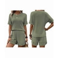 thumbnail image 3 of Womens Fringe Trim Textured Short Two Piece Set Waffle Tops and Short Sets Green L, 3 of 6