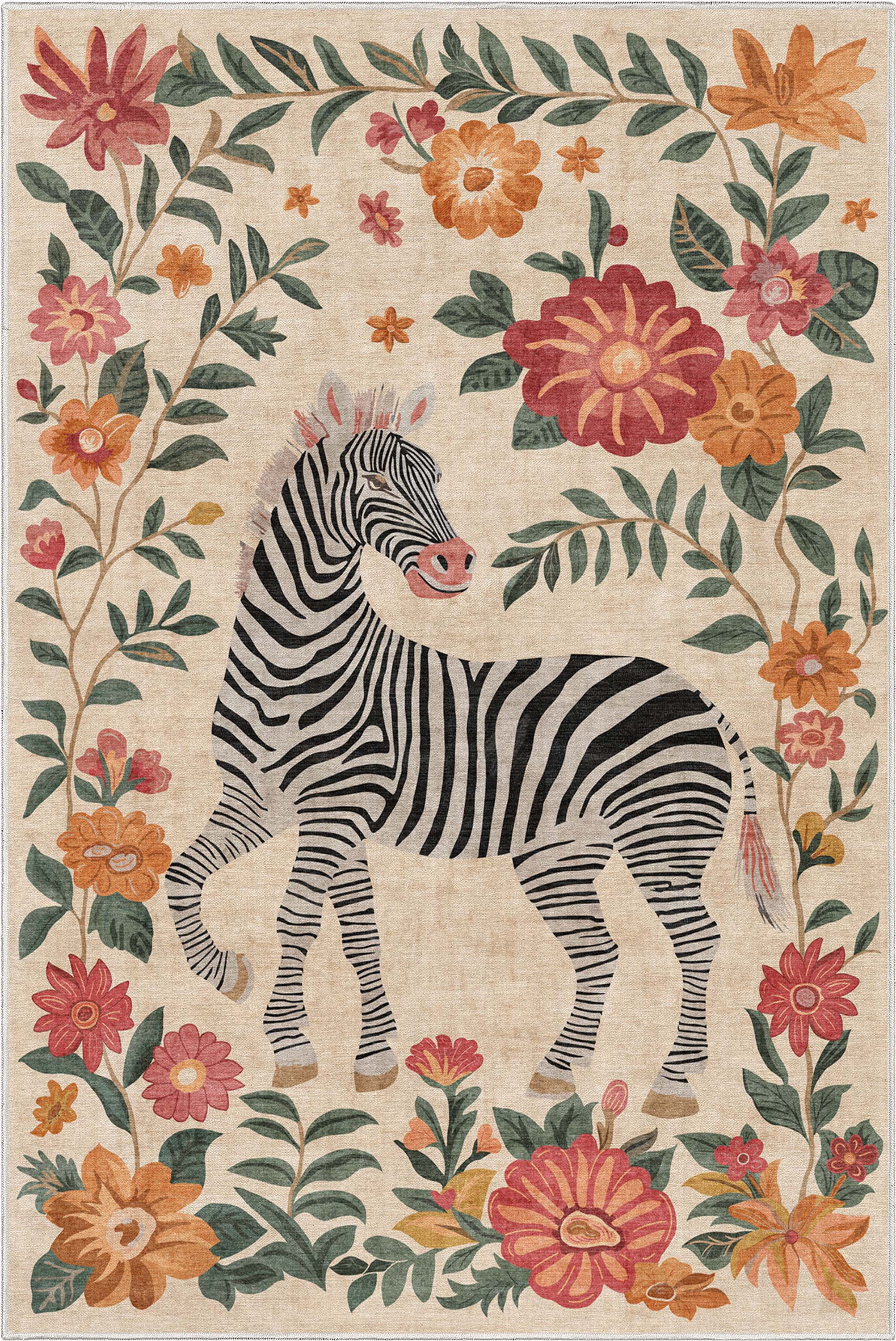 Well Woven Zebra Floral 5'3" x 7'3" Rug – Vibrant Multicolor, Stain-Resistant & Easy to Clean