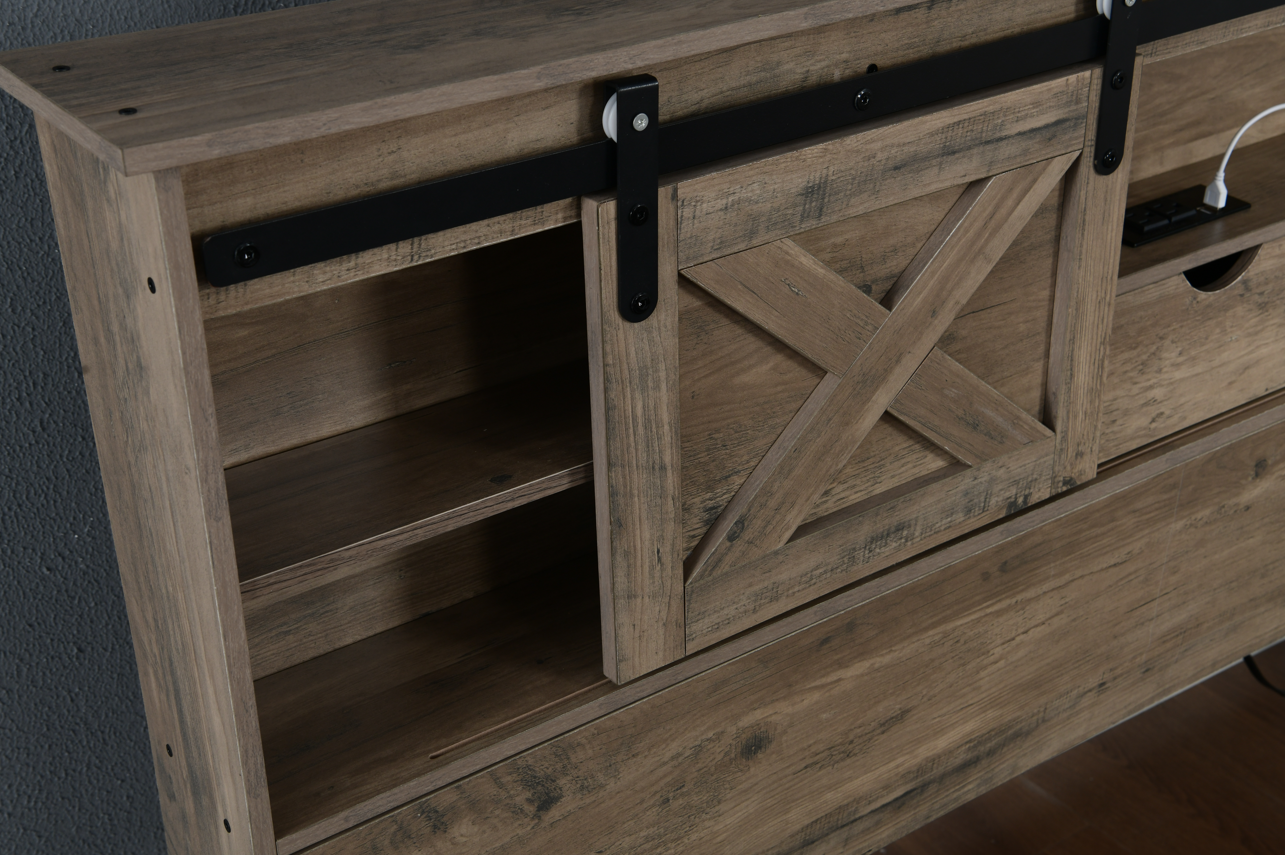 Farmhouse Bed Frame Queen Size with LED Lights and Charging Station, Wooden Queen Bed with 2 Storage Drawers, Rustic Headboard with Sliding Barn Door Storage Cabinets