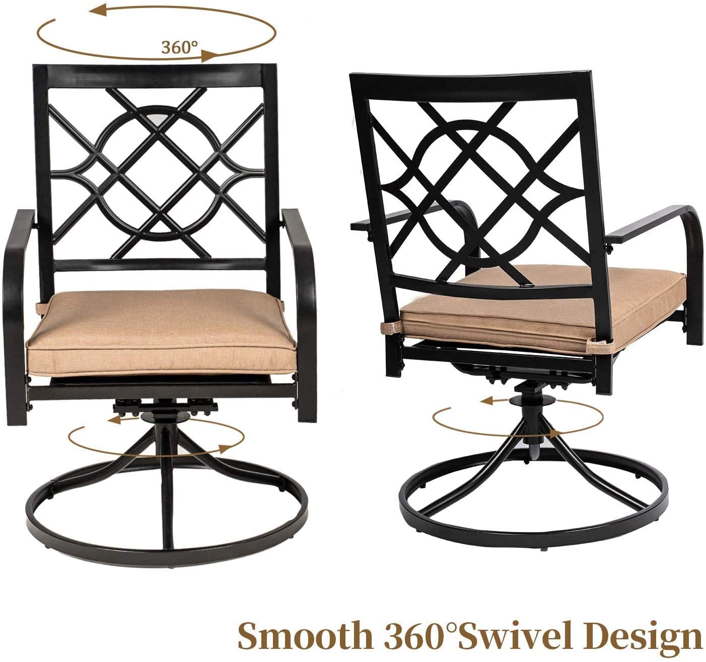 SOLAURA Patio Metal Swivel Chairs Outdoor Dining Chairs Set of 2 with Brown Cushion