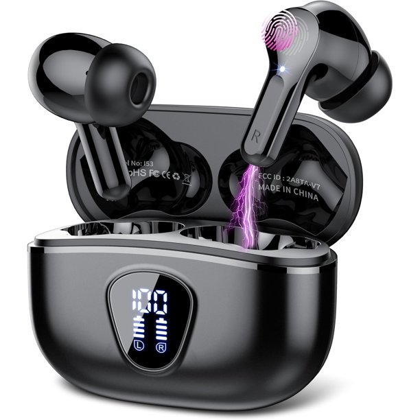 Auriculares inalámbricos Bluetooth 5.4 estéreo de alta fidelidad con micrófono con cancelación de ruido ENC, impermeables IP7, duración de la batería de 48 h, pantalla LED, para entrenamiento
