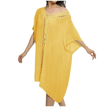 Zpanxa Bathing Suit Cover up for Women Bikini Swimsuit Coverup Tassels Beach Crochet Loose Hollow Out Coverup Dresses Vacation Clothes Yellow One Size