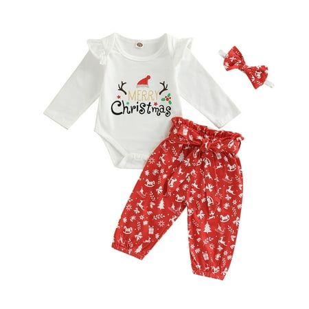 

Sunisery 3Pcs Kids Baby Girl Christmas Outfits Set Long Sleeve Romper Harem Pants Headband Clothes Set