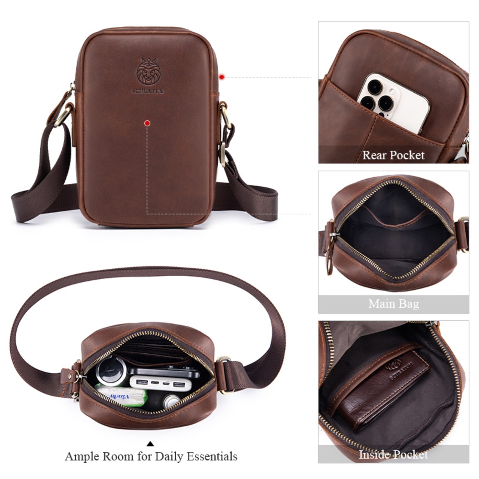 SCHLATUM Leather Crossbody Bag for Men, Shoulder Bag for Men, Man Purse with Zipper and Adjustable Shoulder Strap