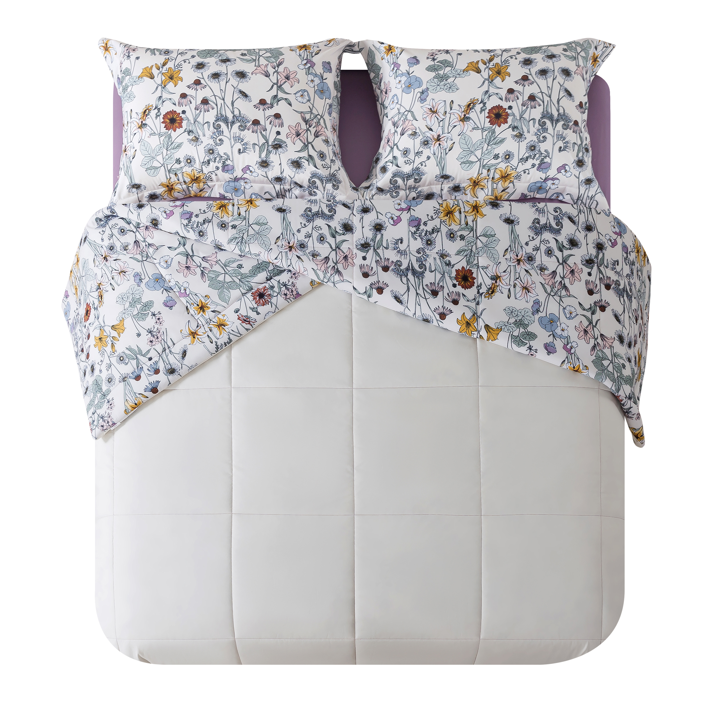 Mainstays All in One Reversible Comforter and Sheet set- 7 Piece, Full, White Multi Floral