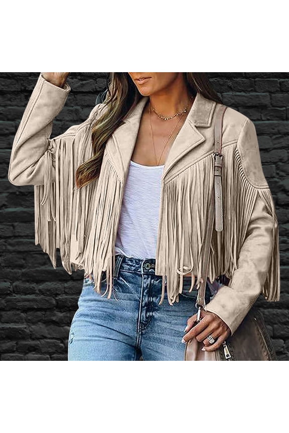 Fringe-Detail Long-Sleeve Boho Cardigan - Fringe Coat For Women Faux Suede Leather Cowboy Style Coat Long Sleeve Tassels Cardigan Coat