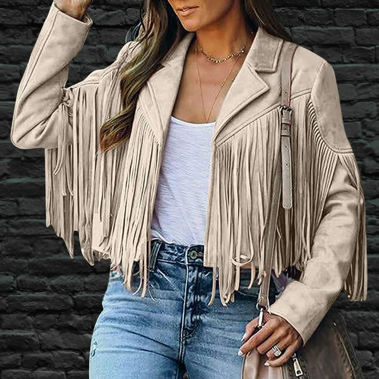 Juebong Fringe Coat Women Cowgirl Outfit Faux Suede Open-Front Vintage  Coats Long Sleeve 70s Hippie Clothes Boho Western Jacket,Khaki,XL